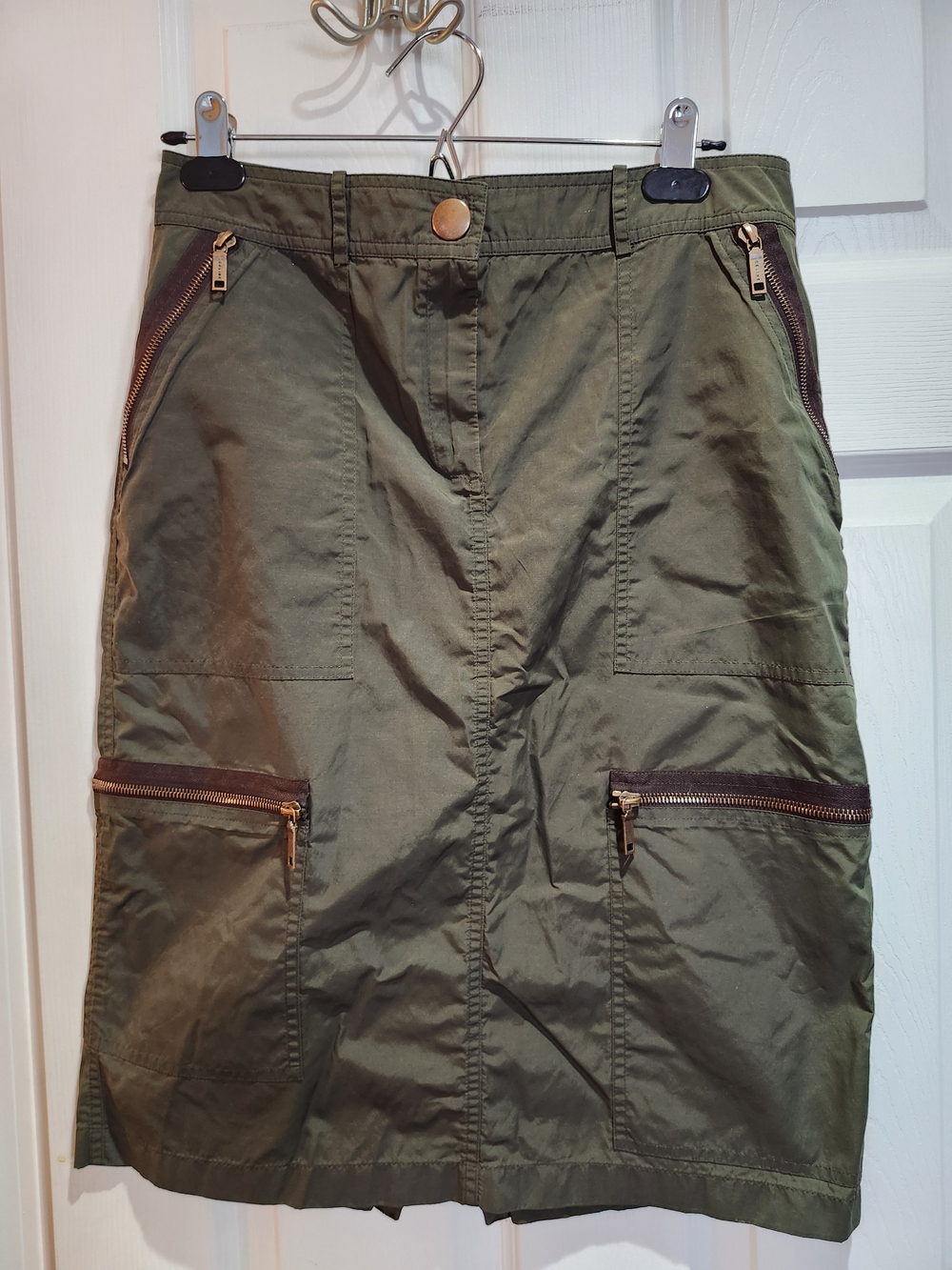 Vintage CELINE Olive Green Nylon Cargo Skirt with Brass Zipper Accents Like New